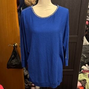 Blue Women's Top with‎ Embellished Neckline